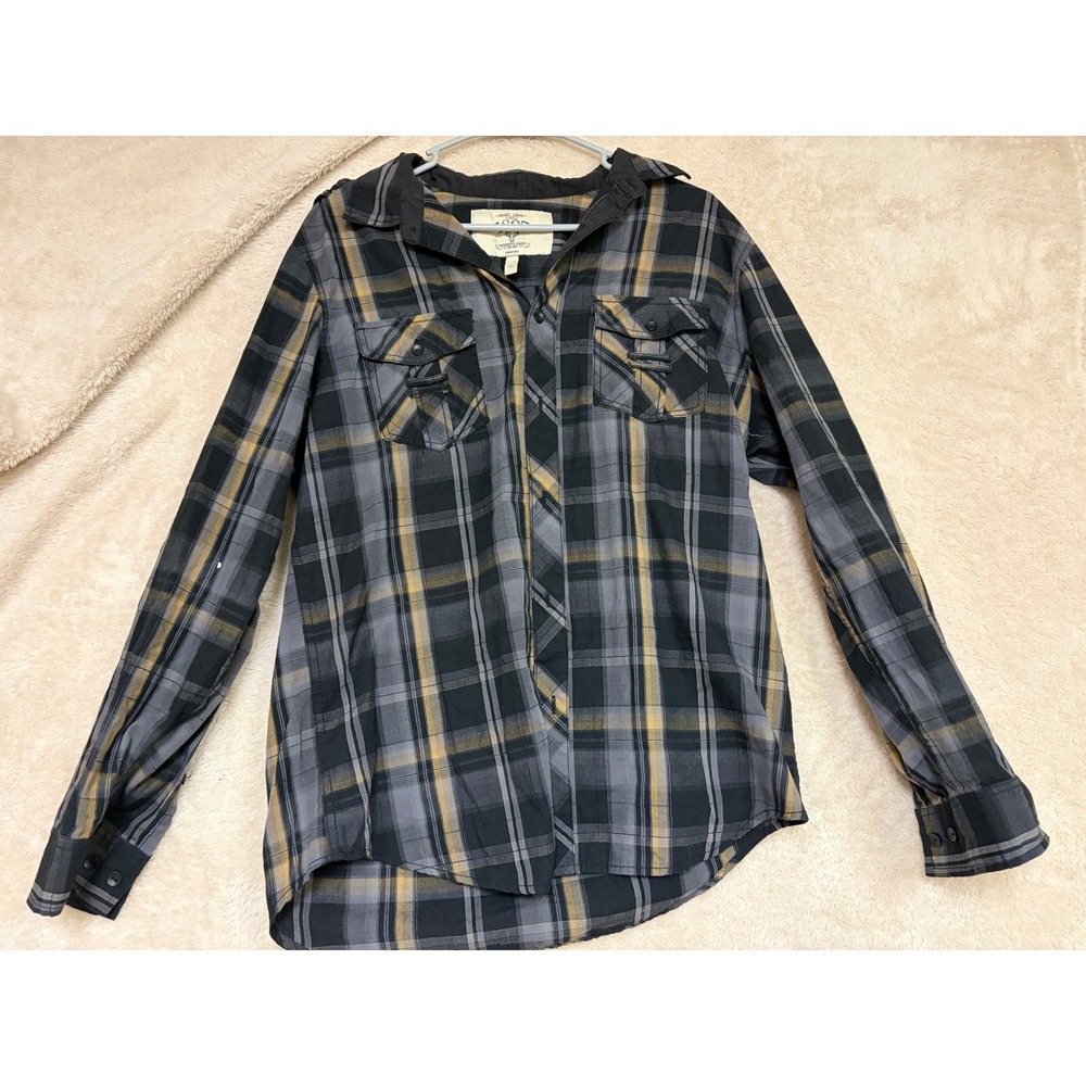 1897 Mens Plaid Button Down Shirt Large Black Grey Yellow Long Sleeve Epaulets